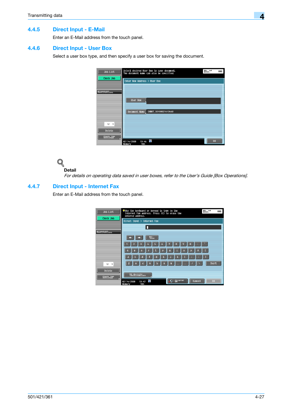 5 direct input - e-mail, 6 direct input - user box, 7 direct input - internet fax | Direct input - e-mail -27, Direct input - user box -27, Direct input - internet fax -27, P. 4-27 | Konica Minolta bizhub 421 User Manual | Page 80 / 321