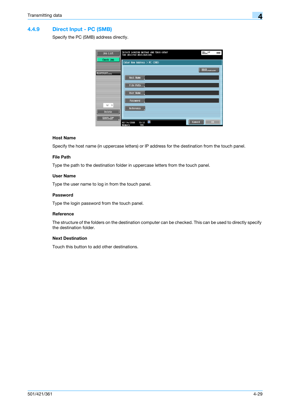 9 direct input - pc (smb), Host name, File path | User name, Password, Reference, Next destination, P. 4-29 | Konica Minolta bizhub 421 User Manual | Page 82 / 321