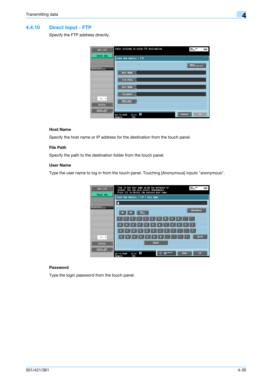 10 direct input - ftp, Host name, File path | User name, Password, P. 4-30 | Konica Minolta bizhub 421 User Manual | Page 83 / 321