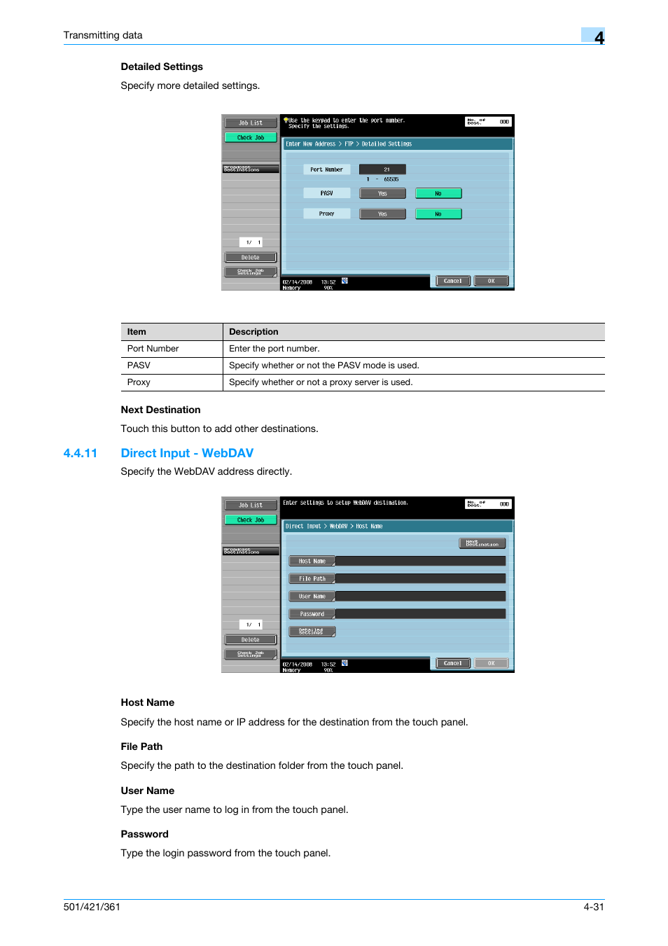 Detailed settings, Next destination, 11 direct input - webdav | Host name, File path, User name, Password, Detailed settings -31 next destination -31, P. 4-31 | Konica Minolta bizhub 421 User Manual | Page 84 / 321