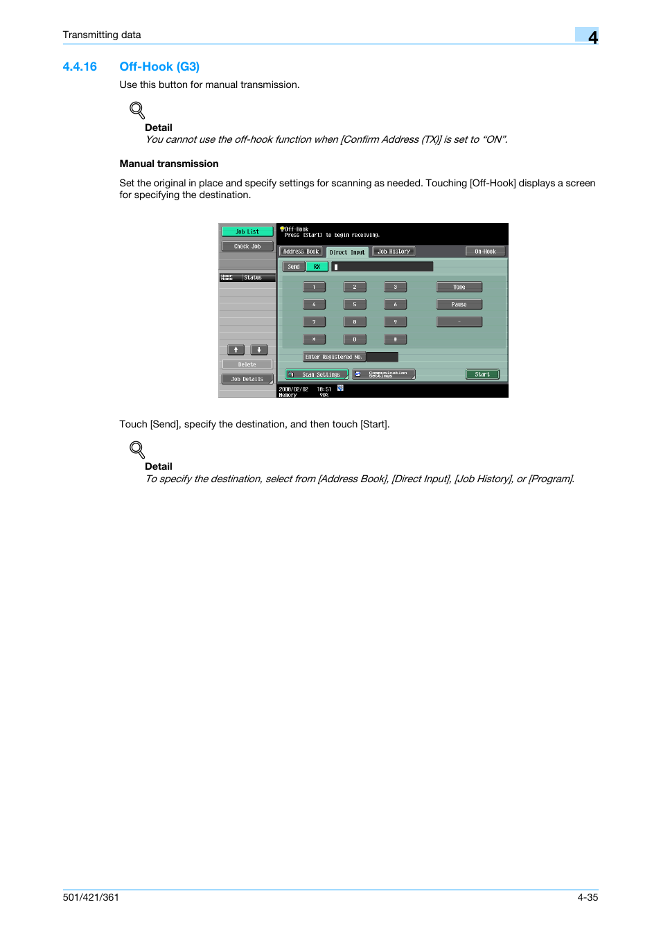 16 off-hook (g3), Manual transmission, Off-hook (g3) -35 manual transmission -35 | P. 4-35 | Konica Minolta bizhub 421 User Manual | Page 88 / 321
