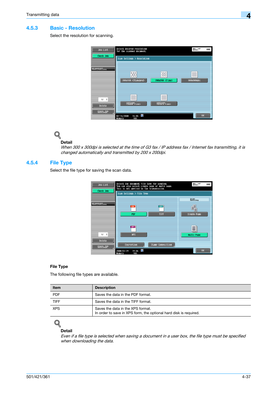3 basic - resolution, 4 file type, File type | Basic - resolution -37, File type -37 file type -37, P. 4-37 | Konica Minolta bizhub 421 User Manual | Page 90 / 321