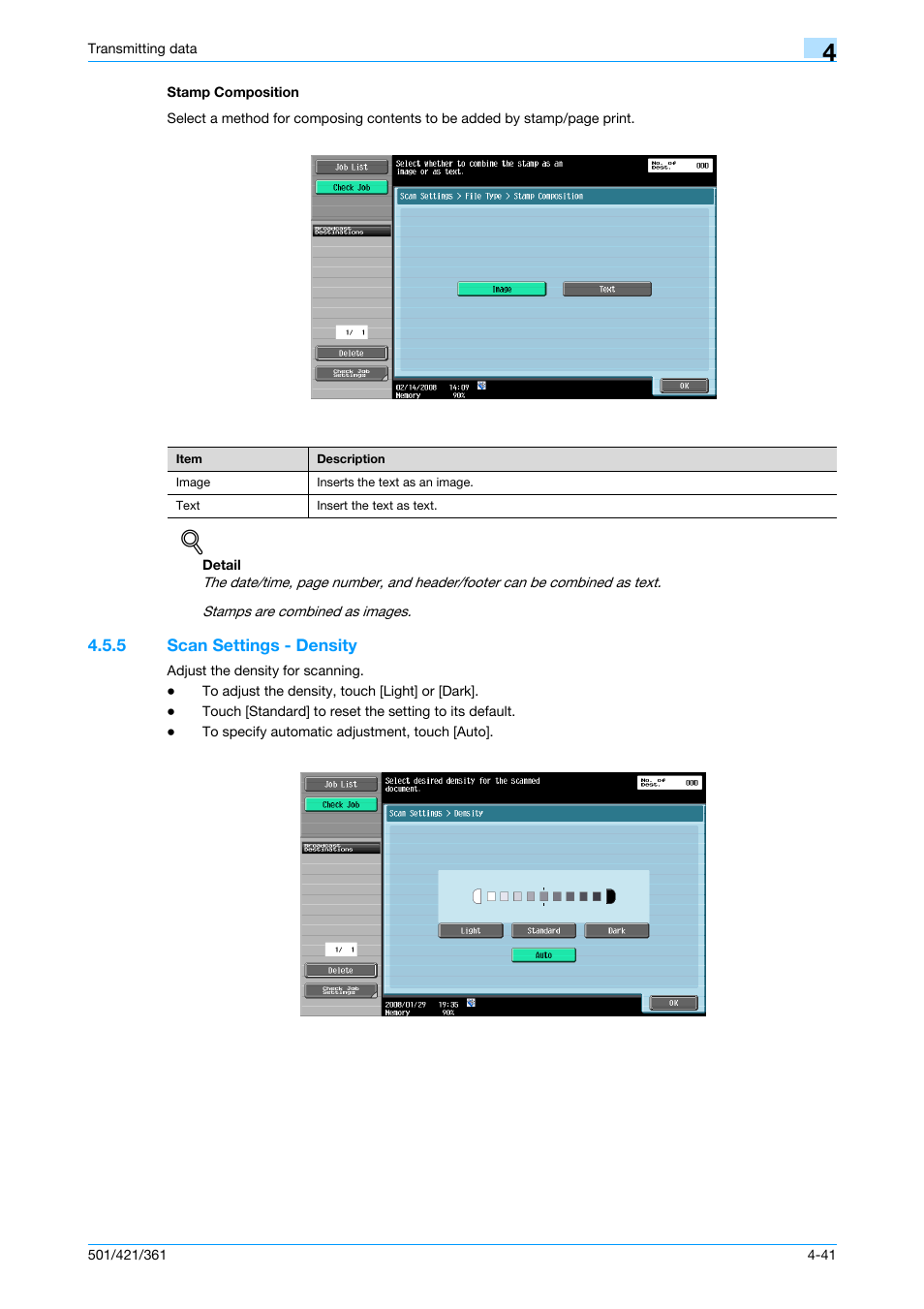 Stamp composition, 5 scan settings - density, Stamp composition -41 | Scan settings - density -41, P. 4-41 | Konica Minolta bizhub 421 User Manual | Page 94 / 321
