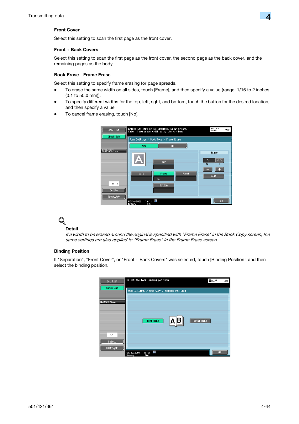 Front cover, Front + back covers, Book erase - frame erase | Binding position | Konica Minolta bizhub 421 User Manual | Page 97 / 321