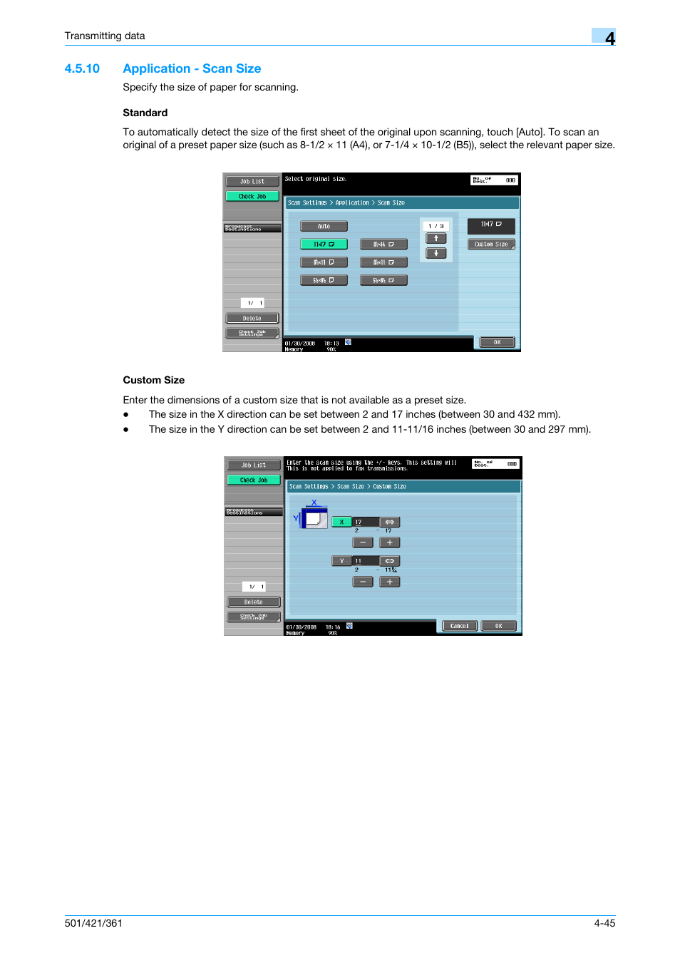 10 application - scan size, Standard, Custom size | P. 4-45 | Konica Minolta bizhub 421 User Manual | Page 98 / 321