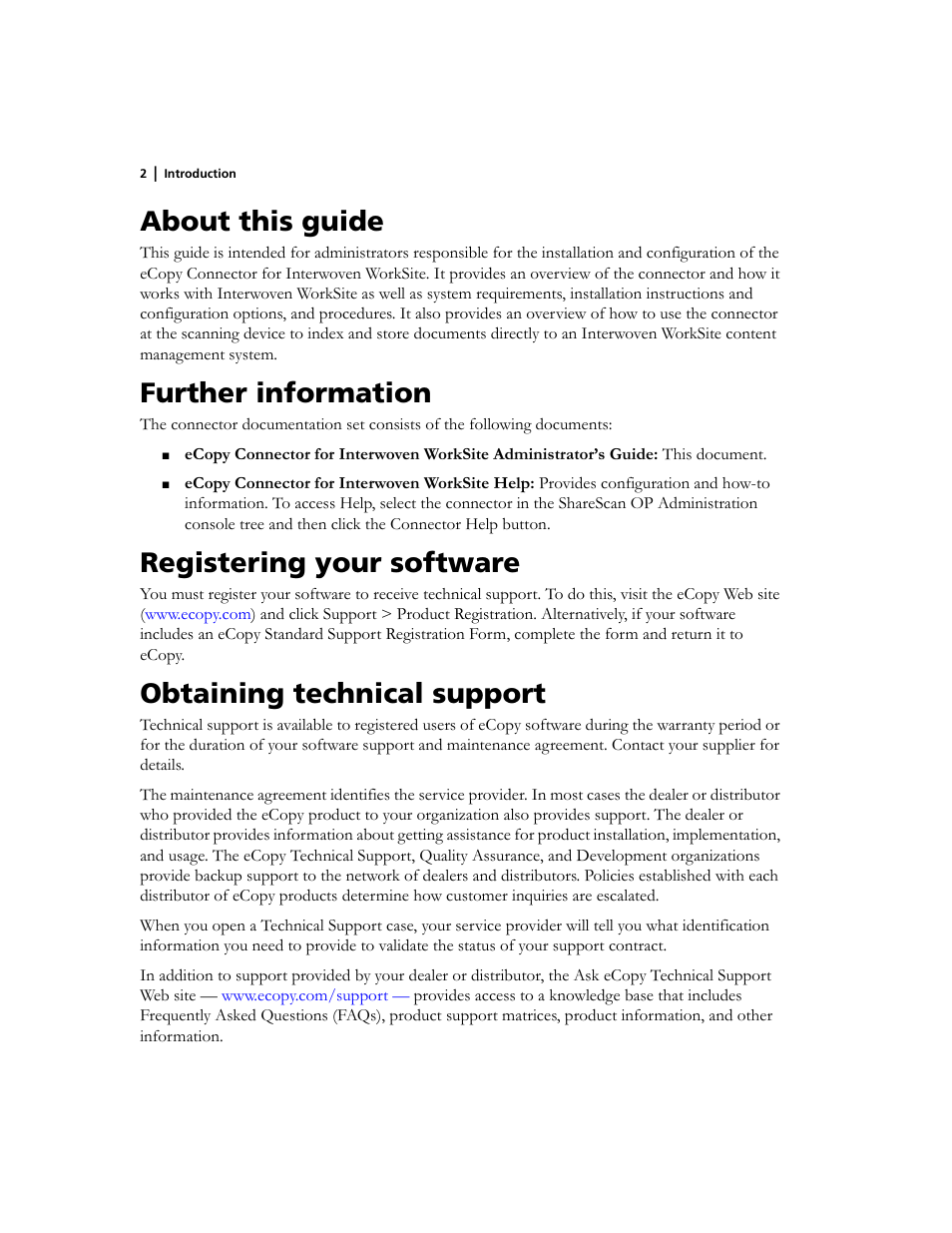 About this guide, Further information, Registering your software | Obtaining technical support | Konica Minolta eCopy User Manual | Page 6 / 30