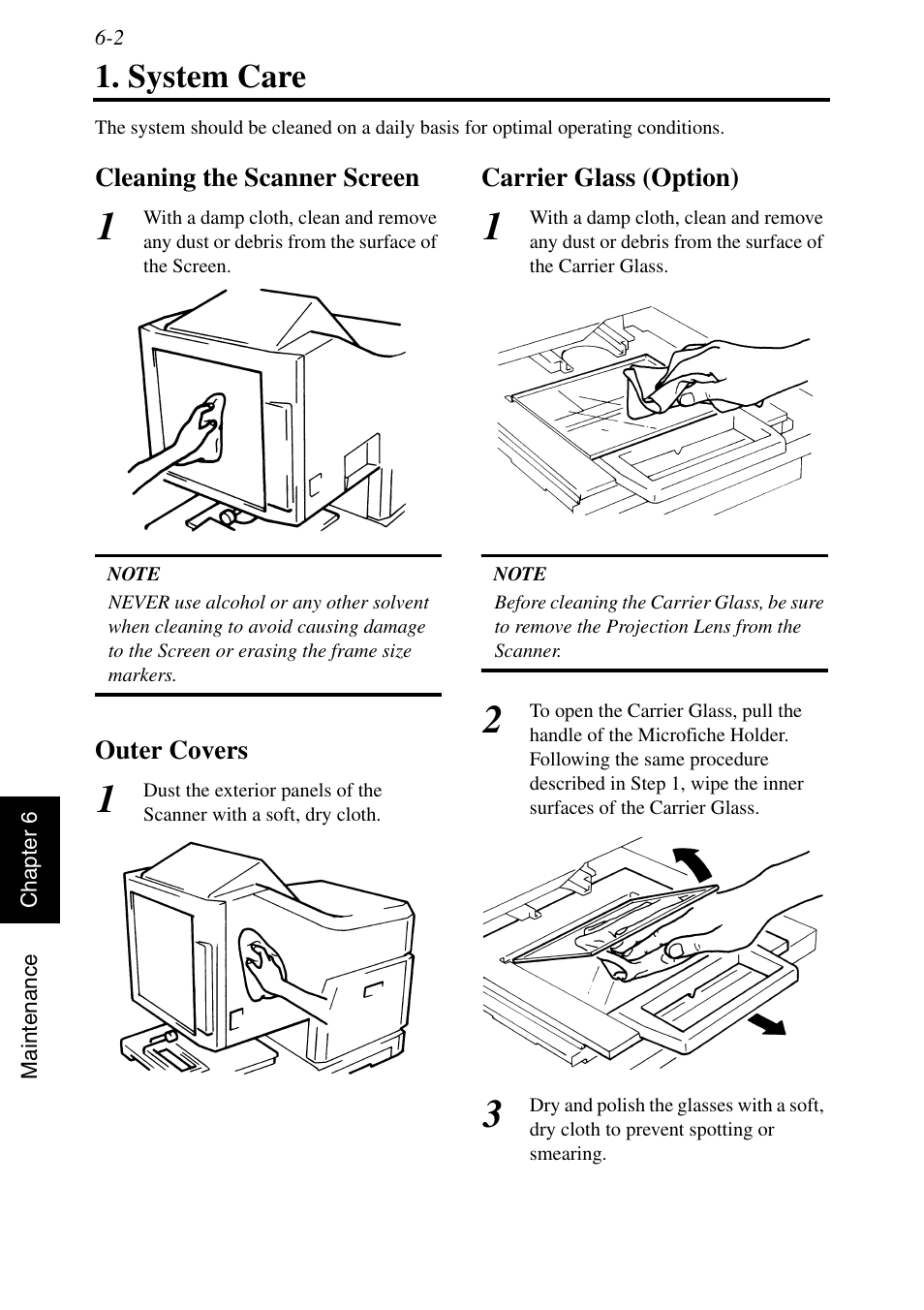 System care, Cleaning the scanner screen, Outer covers | Carrier glass (option), System care -2 | Konica Minolta MSP3500 User Manual | Page 112 / 136