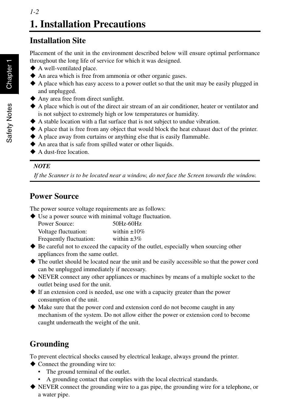 Installation precautions, Installation site, Power source | Grounding, Installation precautions -2, Installation site -2 power source -2 grounding -2 | Konica Minolta MSP3500 User Manual | Page 26 / 136