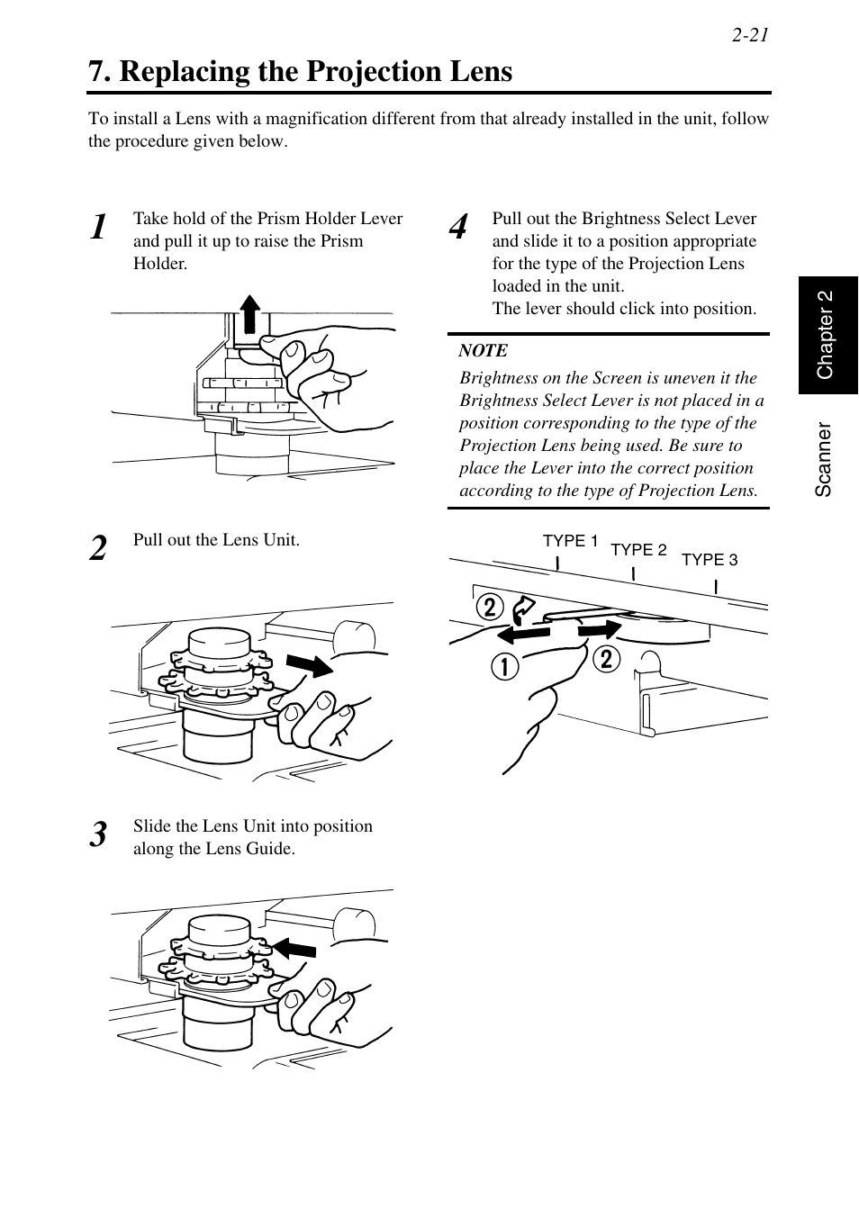 Replacing the projection lens, Replacing the projection lens -21, P. 2-21 | Konica Minolta MSP3500 User Manual | Page 53 / 136