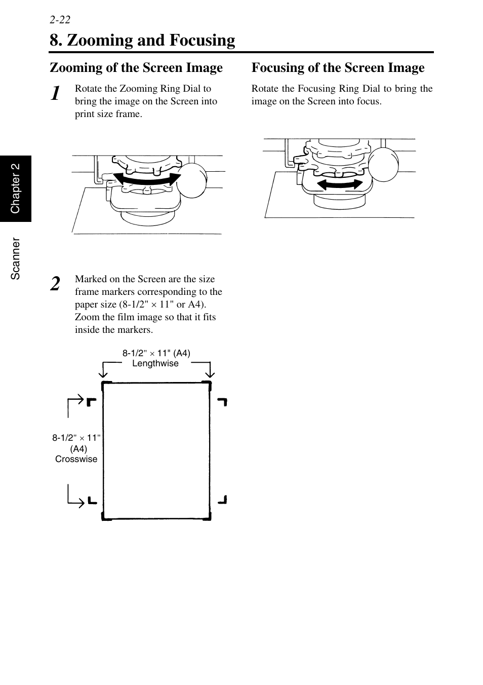 Zooming and focusing, Zooming of the screen image, Focusing of the screen image | Zooming and focusing -22, See p. 2-21 | Konica Minolta MSP3500 User Manual | Page 54 / 136