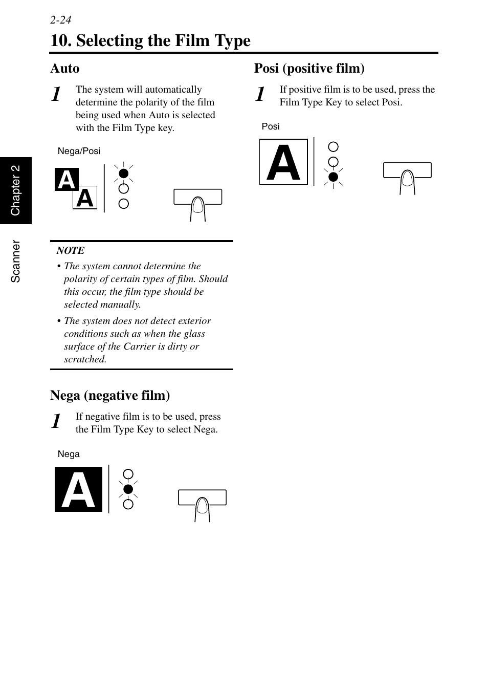 Selecting the film type, Auto, Nega (negative film) | Posi (positive film), Selecting the film type -24, See p. 2-23 | Konica Minolta MSP3500 User Manual | Page 56 / 136