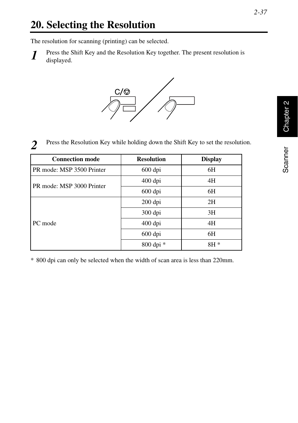 Selecting the resolution, Selecting the resolution -37 | Konica Minolta MSP3500 User Manual | Page 69 / 136