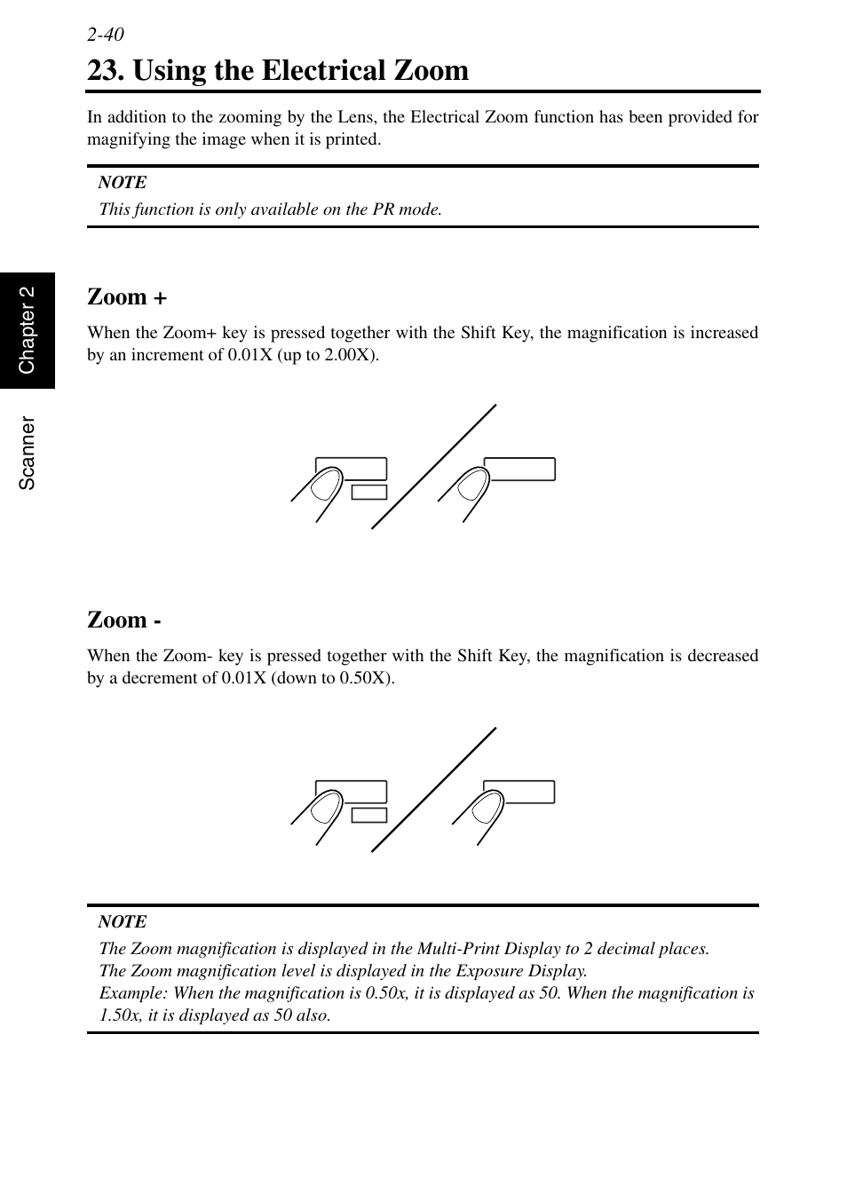 Using the electrical zoom, Zoom, Using the electrical zoom -40 | Zoom + -40 zoom -40 | Konica Minolta MSP3500 User Manual | Page 72 / 136