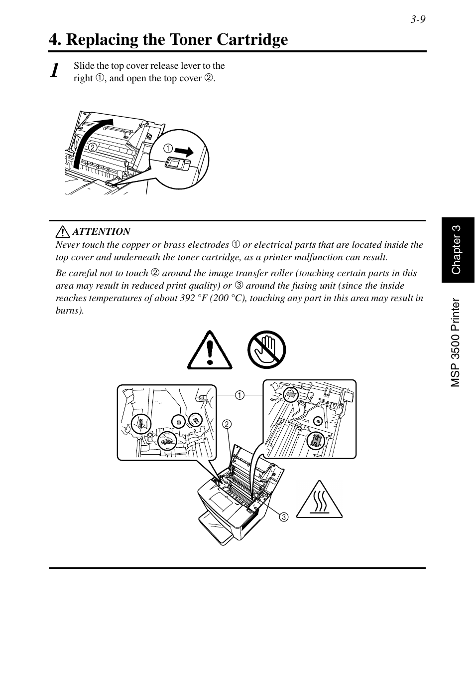 Replacing the toner cartridge, Replacing the toner cartridge -9 | Konica Minolta MSP3500 User Manual | Page 85 / 136