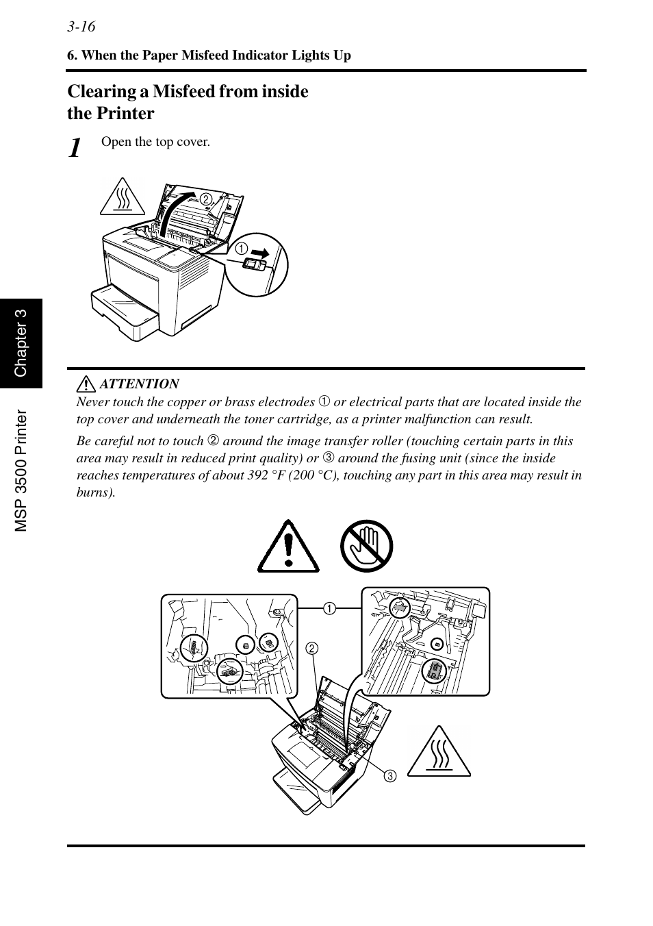 Clearing a misfeed from inside the printer, Clearing a misfeed from inside the printer -16 | Konica Minolta MSP3500 User Manual | Page 92 / 136