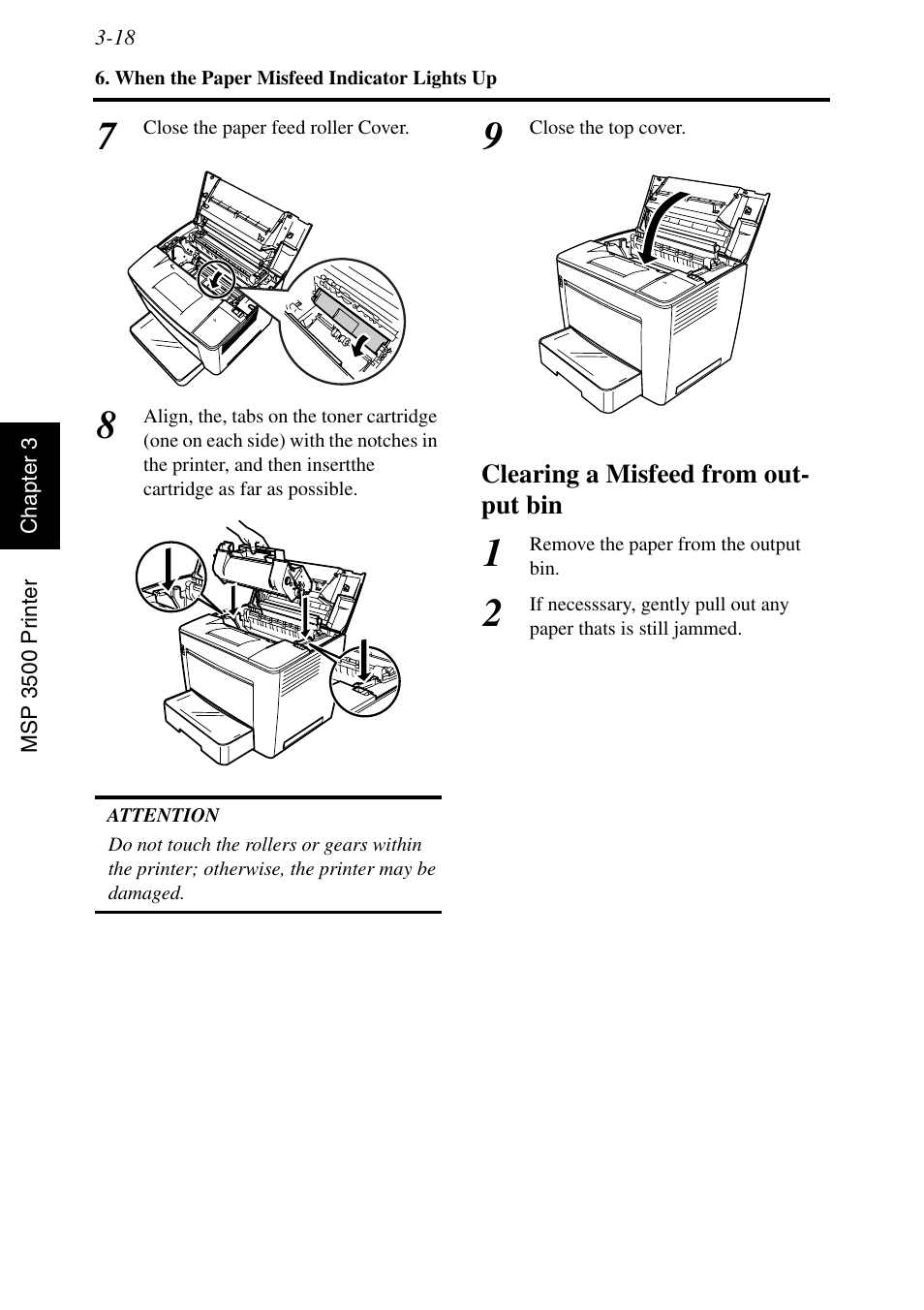 Clearing a misfeed from output bin, Clearing a misfeed from output bin -18 | Konica Minolta MSP3500 User Manual | Page 94 / 136