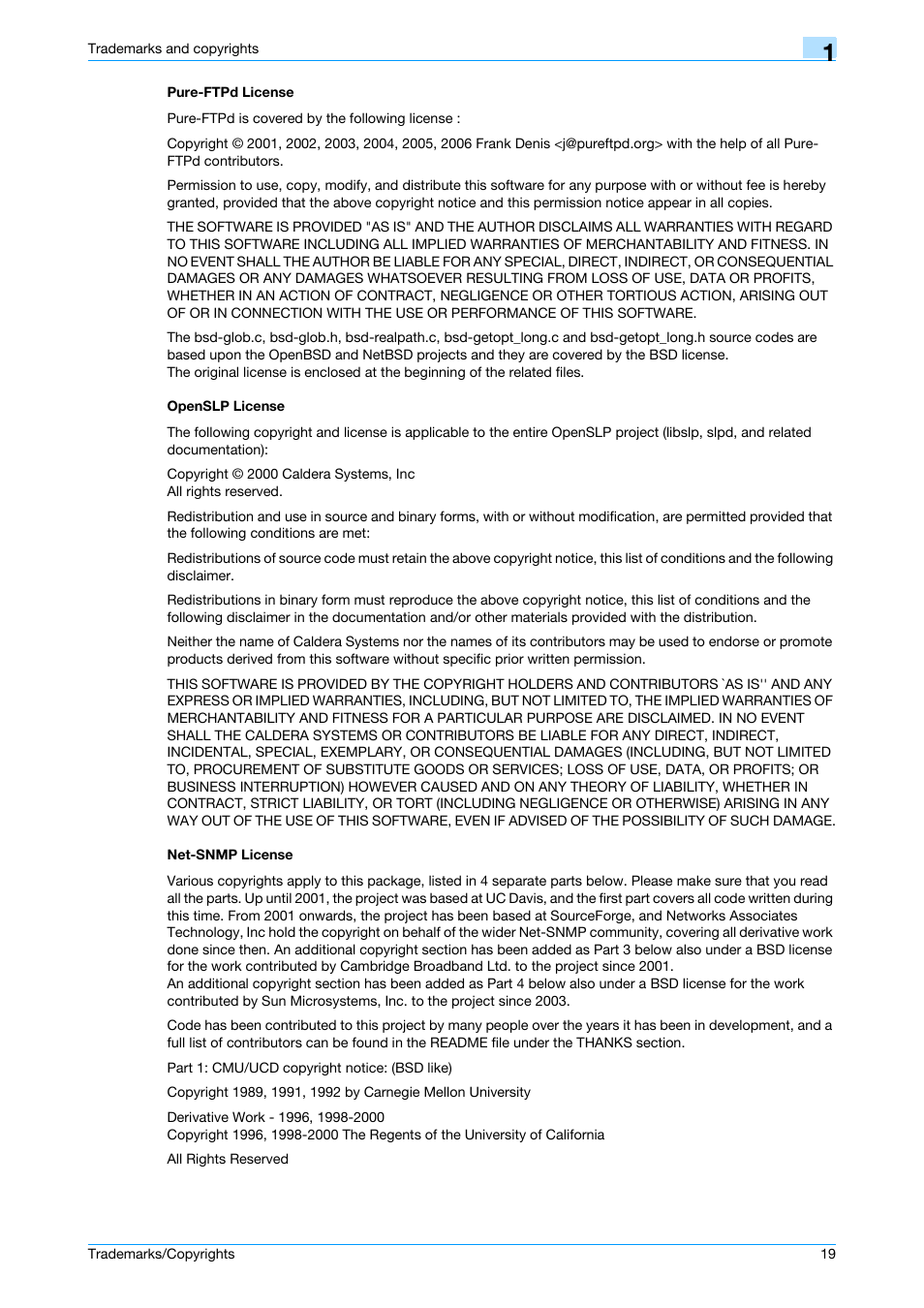 Pure-ftpd license, Openslp license, Net-snmp license | Konica Minolta bizhub C200 User Manual | Page 20 / 26