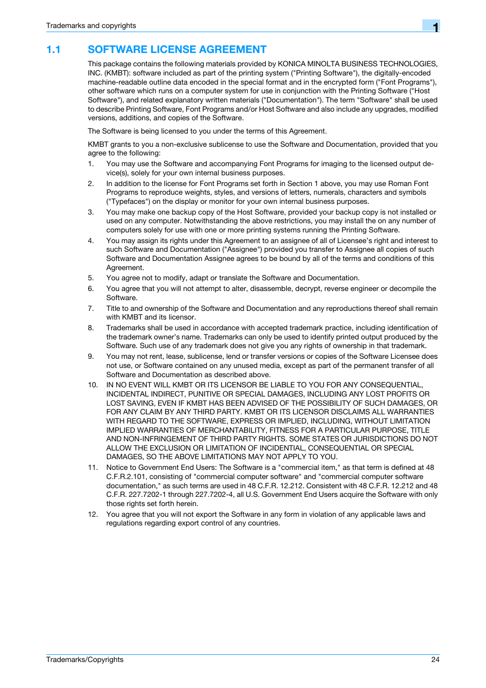 1 software license agreement | Konica Minolta bizhub C200 User Manual | Page 25 / 26