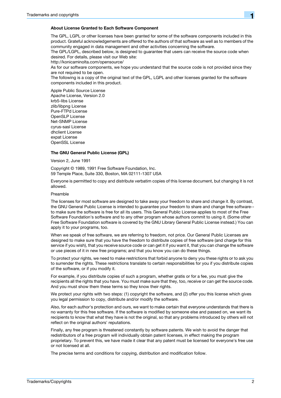 About license granted to each software component, The gnu general public license (gpl) | Konica Minolta bizhub C200 User Manual | Page 3 / 26