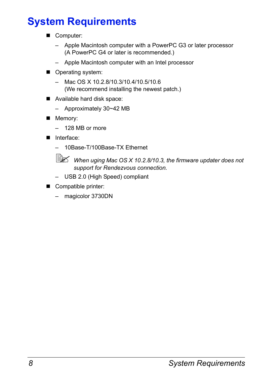 System requirements, System requirements 8 | Konica Minolta magicolor 3730DN User Manual | Page 12 / 16