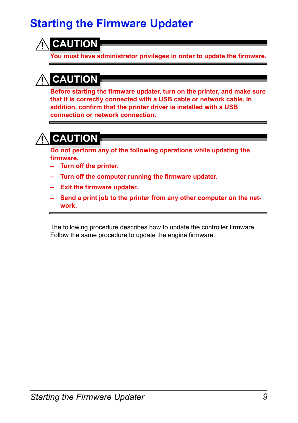 Starting the firmware updater, Caution | Konica Minolta magicolor 3730DN User Manual | Page 13 / 16