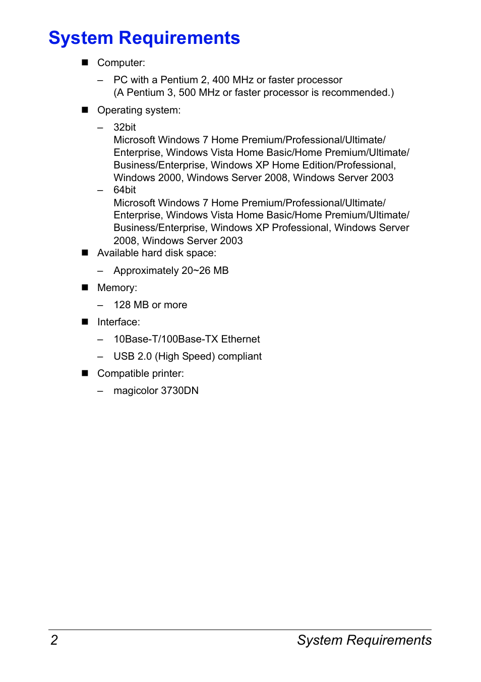 System requirements, System requirements 2 | Konica Minolta magicolor 3730DN User Manual | Page 6 / 16