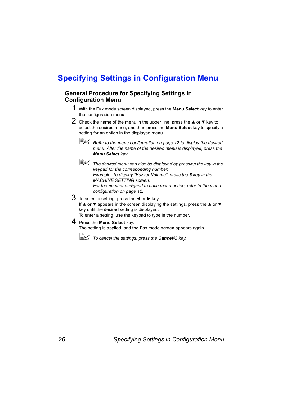 Specifying settings in configuration menu, Specifying settings in configuration menu 26 | Konica Minolta bizhub C10 User Manual | Page 32 / 92