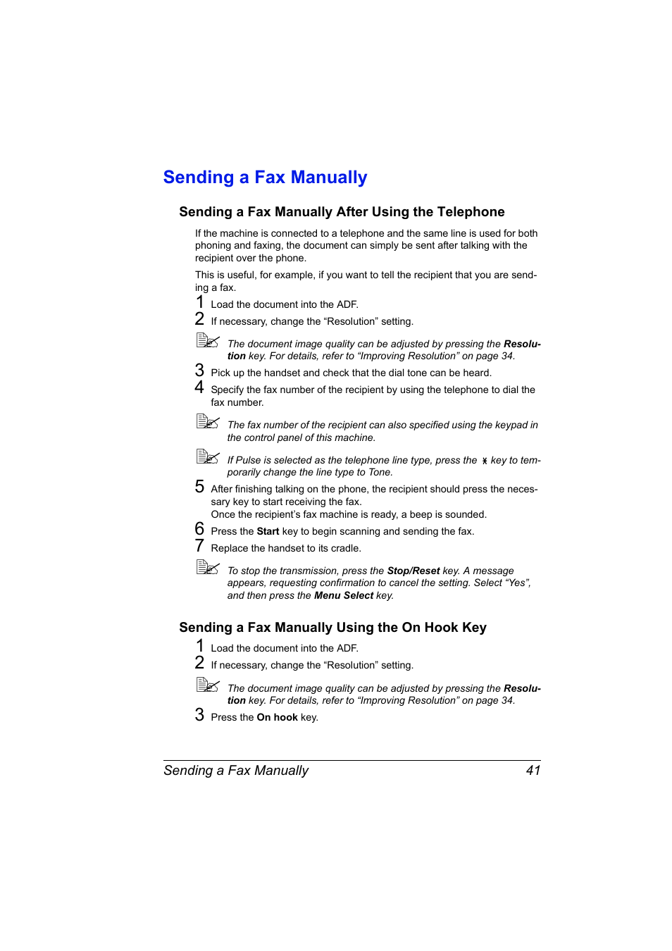 Sending a fax manually, Sending a fax manually after using the telephone, Sending a fax manually using the on hook key | Sending a fax manually 41 | Konica Minolta bizhub C10 User Manual | Page 47 / 92