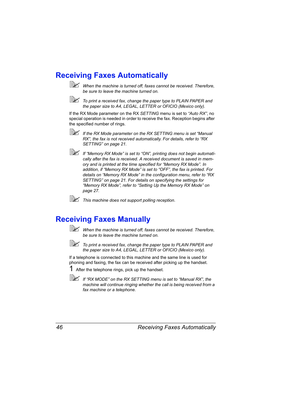 Receiving faxes automatically, Receiving faxes manually | Konica Minolta bizhub C10 User Manual | Page 52 / 92