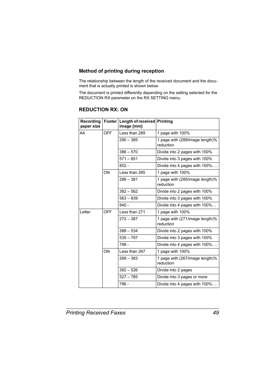 Method of printing during reception, Reduction rx: on, Printing received faxes 49 | Konica Minolta bizhub C10 User Manual | Page 55 / 92