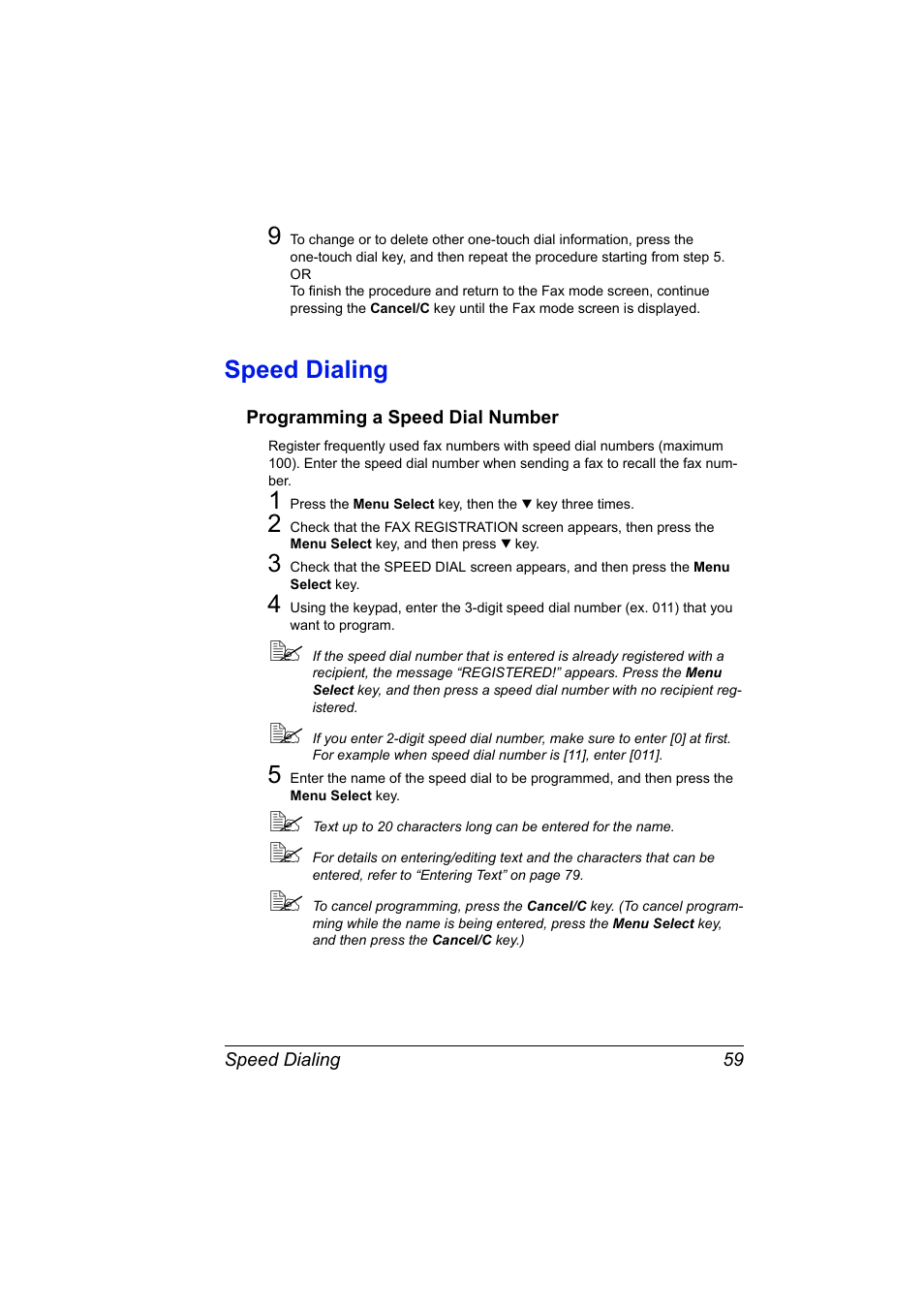 Speed dialing, Programming a speed dial number, Speed dialing 59 | Programming a speed dial number 59 | Konica Minolta bizhub C10 User Manual | Page 65 / 92