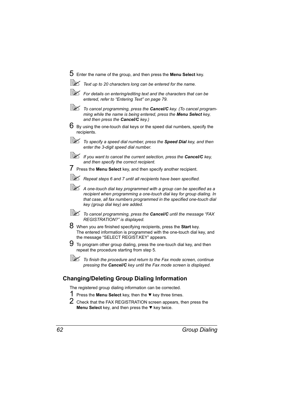 Changing/deleting group dialing information, Changing/deleting group dialing information 62 | Konica Minolta bizhub C10 User Manual | Page 68 / 92