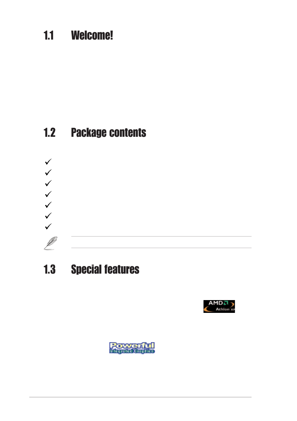 1 welcome, 2 package contents, 3 special features | 1 product highlights | Asus A7V400-MX User Manual | Page 12 / 64