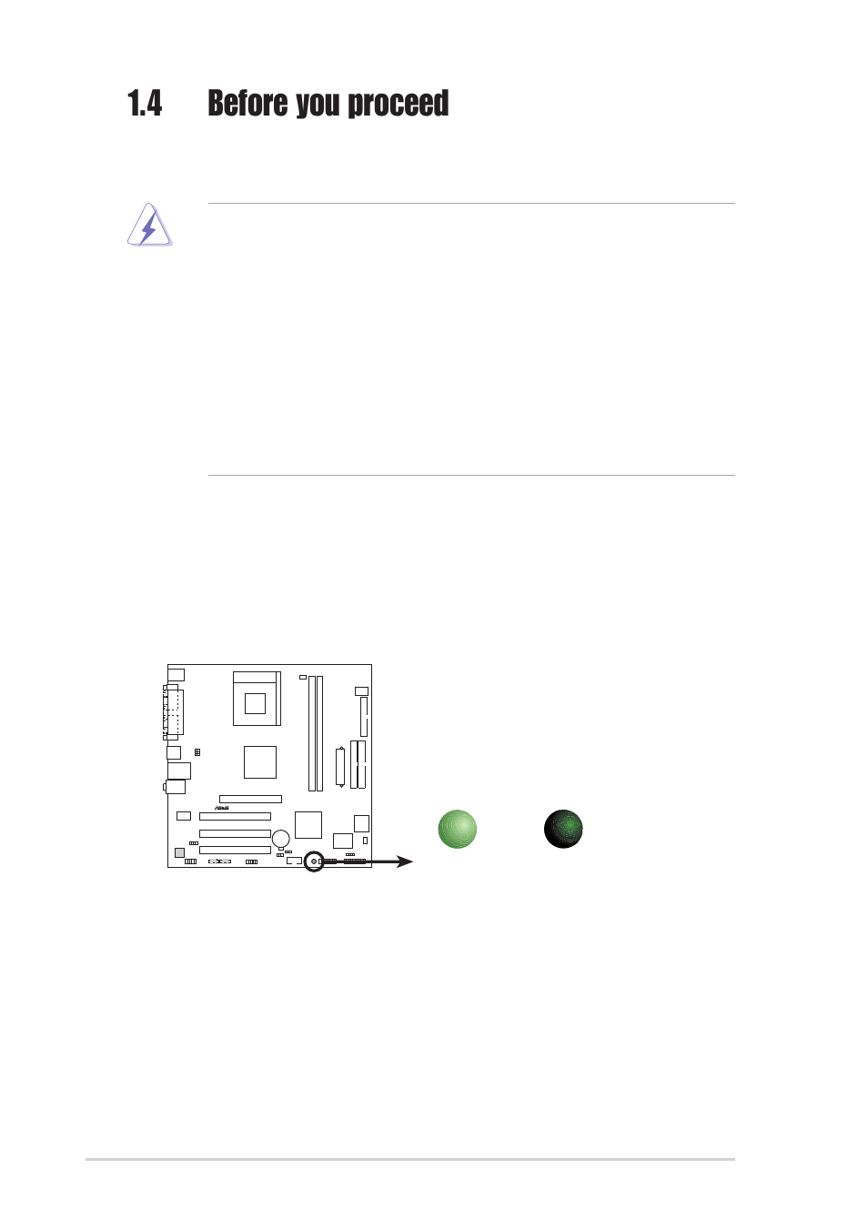 4 before you proceed, Onboard led | Asus A7V400-MX User Manual | Page 14 / 64