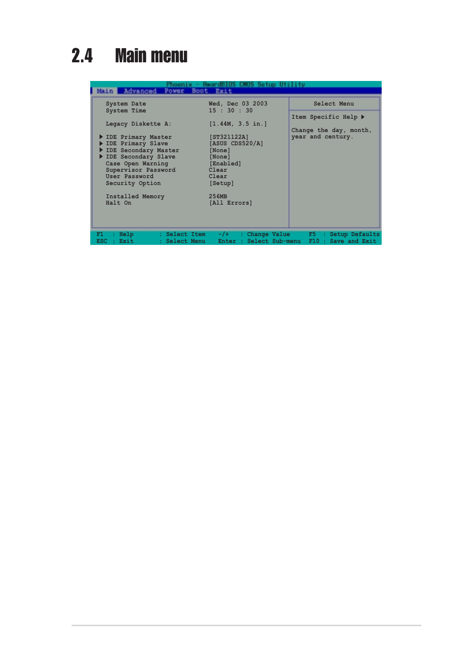 4 main menu, System time [hh:mm:ss, Case open warning [enabled | Supervisor password [clear] / user password [clear | Asus A7V400-MX User Manual | Page 41 / 64