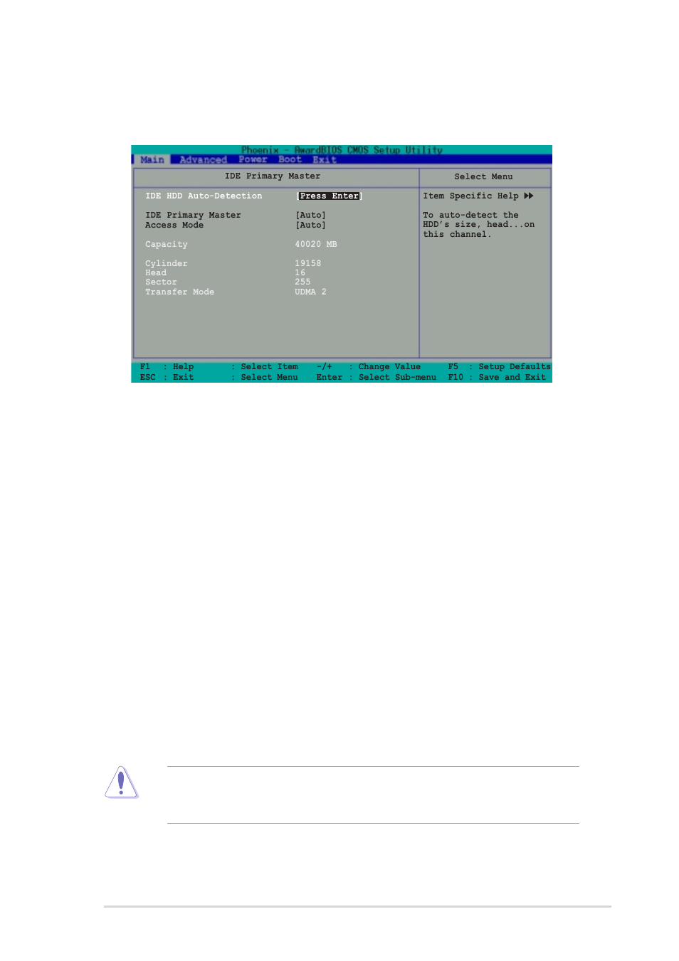 Ide hdd auto-detection [press enter, Access mode [auto | Asus A7V400-MX User Manual | Page 43 / 64