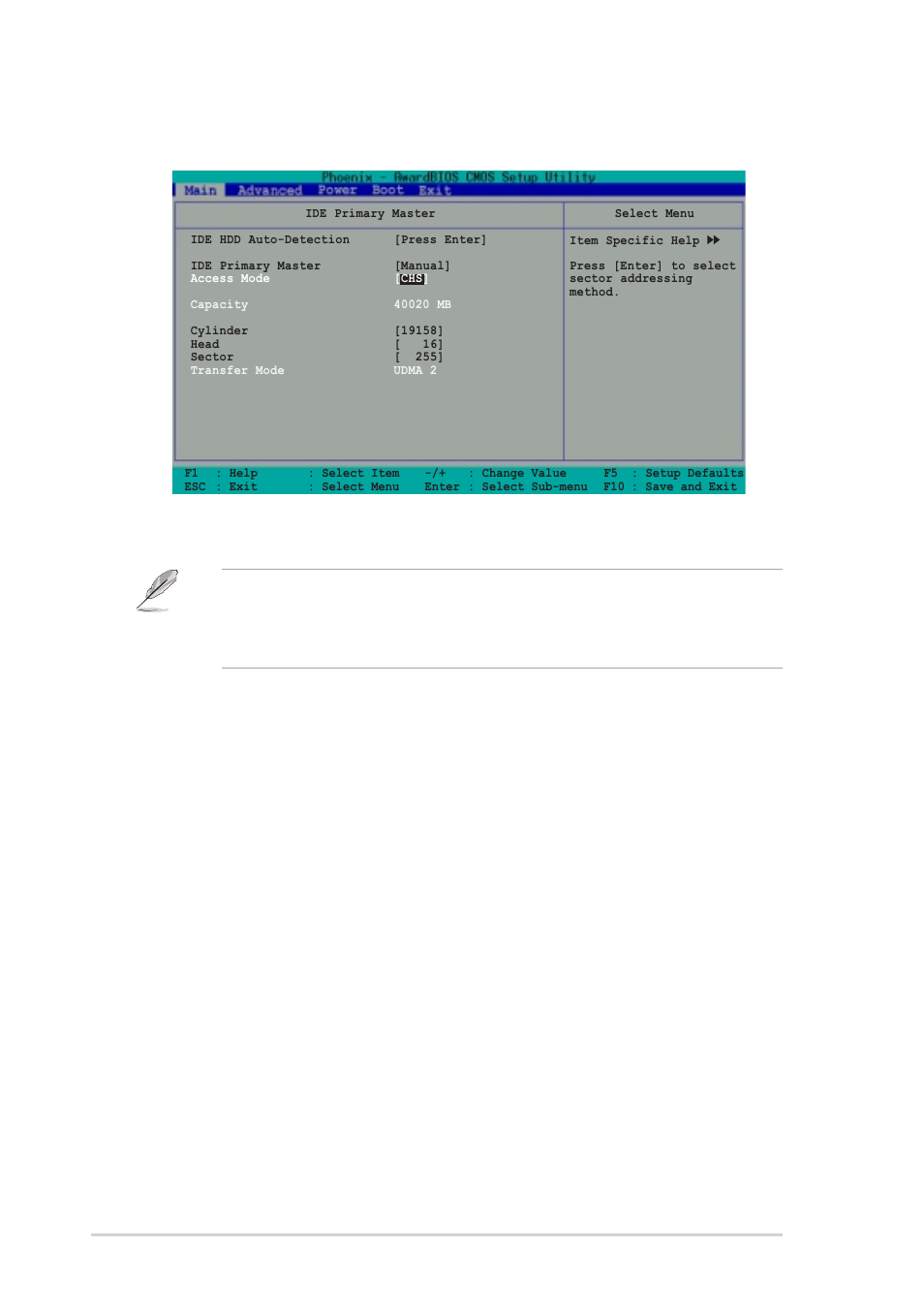 Manual] & [chs] settings, Access mode [auto, Capacity | Cylinder, Head, 12 chapter 2: bios information | Asus A7V400-MX User Manual | Page 44 / 64