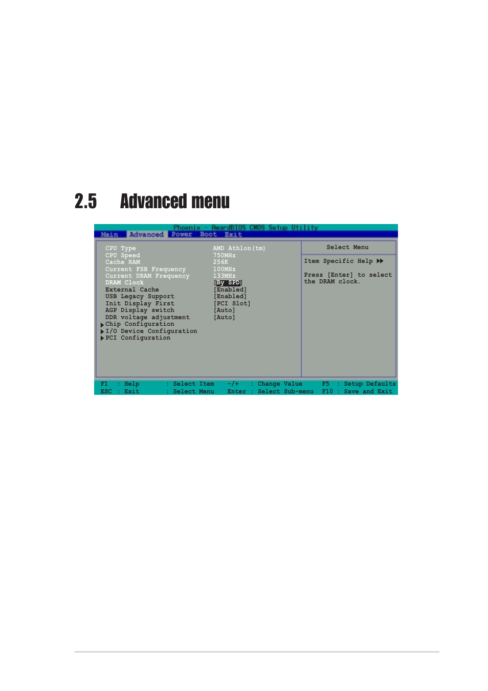 5 advanced menu, Transfer mode, Sector | Dram clock [by spd, External cache [enabled, Usb legacy support [enabled | Asus A7V400-MX User Manual | Page 45 / 64