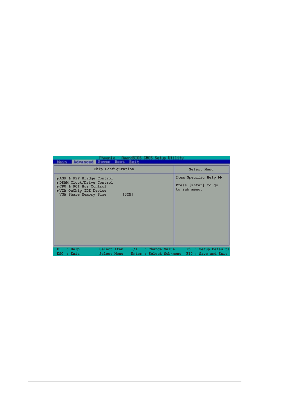 1 chip configuration, Init display first [pci slot, Agp display switch [auto | Ddr voltage adjustment [auto, 14 chapter 2: bios information | Asus A7V400-MX User Manual | Page 46 / 64