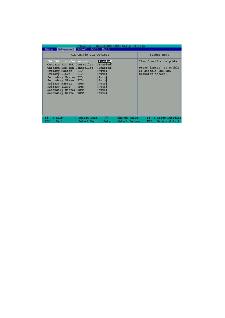 Via onchip ide device, Ide dma transfer access [enabled, Primary master pio [auto] primary slave pio [auto | 18 chapter 2: bios information | Asus A7V400-MX User Manual | Page 50 / 64