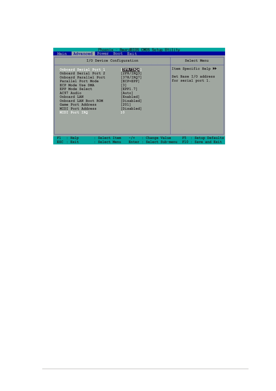 2 i/o device configuration, Onboard serial port 1 [3f8/irq4, Onboard serial port 2 [2f8/irq3 | Onboard parallel port [378/irq7, Parallel port mode [ecp+epp, Ecp mode use dma [3, Epp mode select [epp1.7 | Asus A7V400-MX User Manual | Page 51 / 64