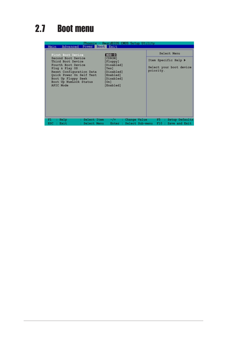 7 boot menu, First/second/third/fourth boot device, Plug & play os [yes | Reset configuration data [disabled, Quick power on self test [enabled, Boot up floppy seek [disabled, Boot up numlock status [on, 26 chapter 2: bios information | Asus A7V400-MX User Manual | Page 58 / 64