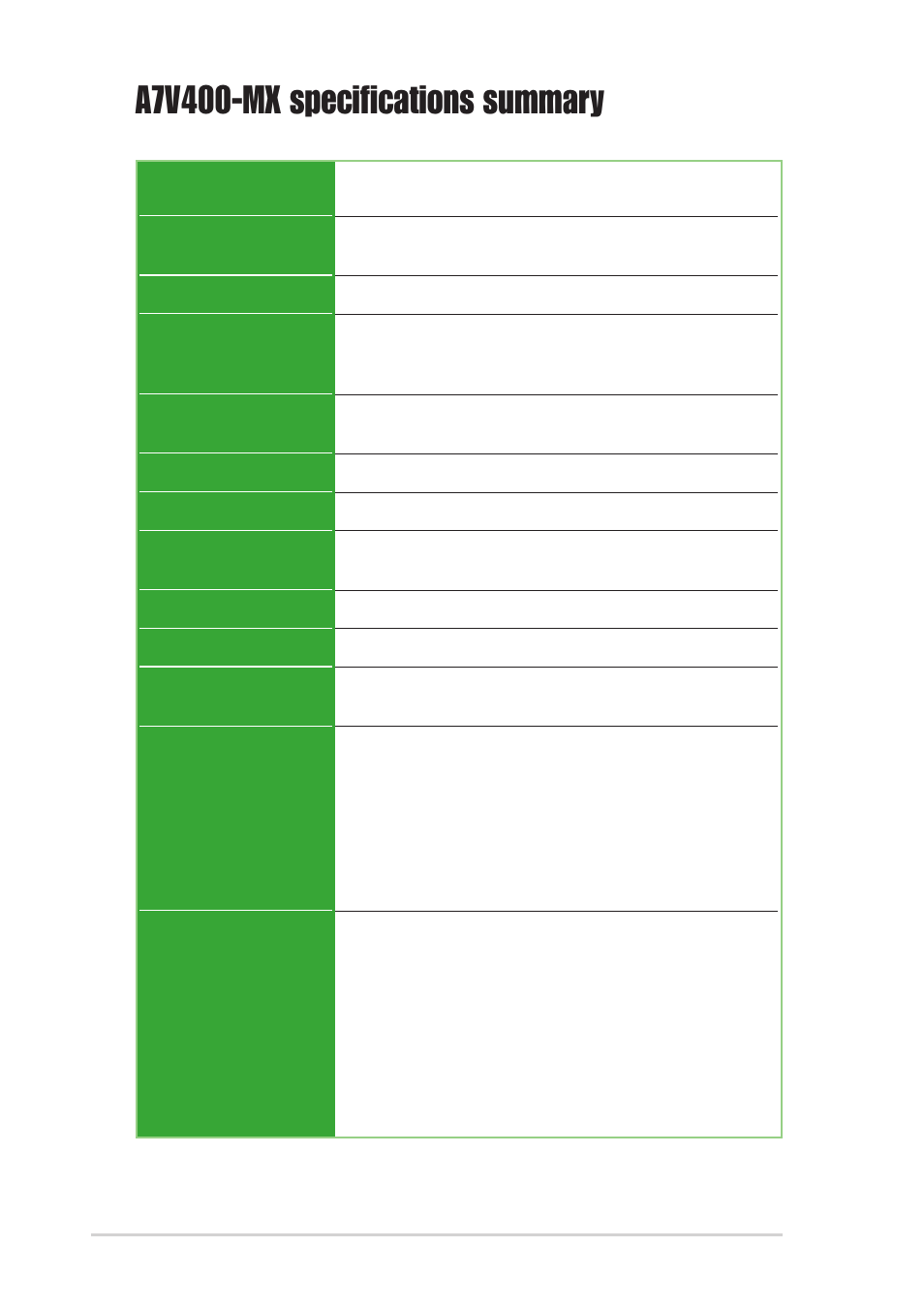 A7v400-mx specifications summary, Viii | Asus A7V400-MX User Manual | Page 8 / 64