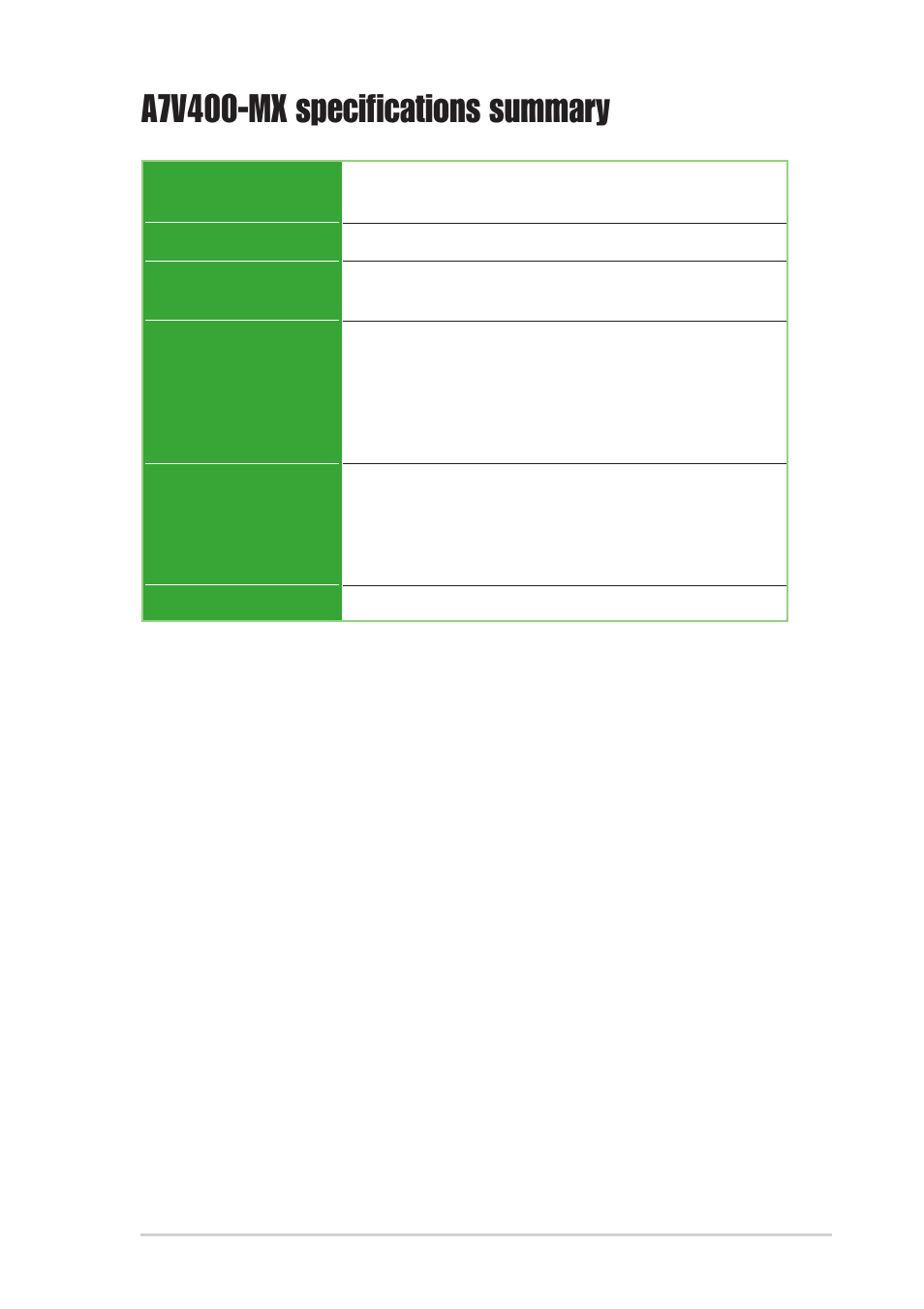 A7v400-mx specifications summary | Asus A7V400-MX User Manual | Page 9 / 64