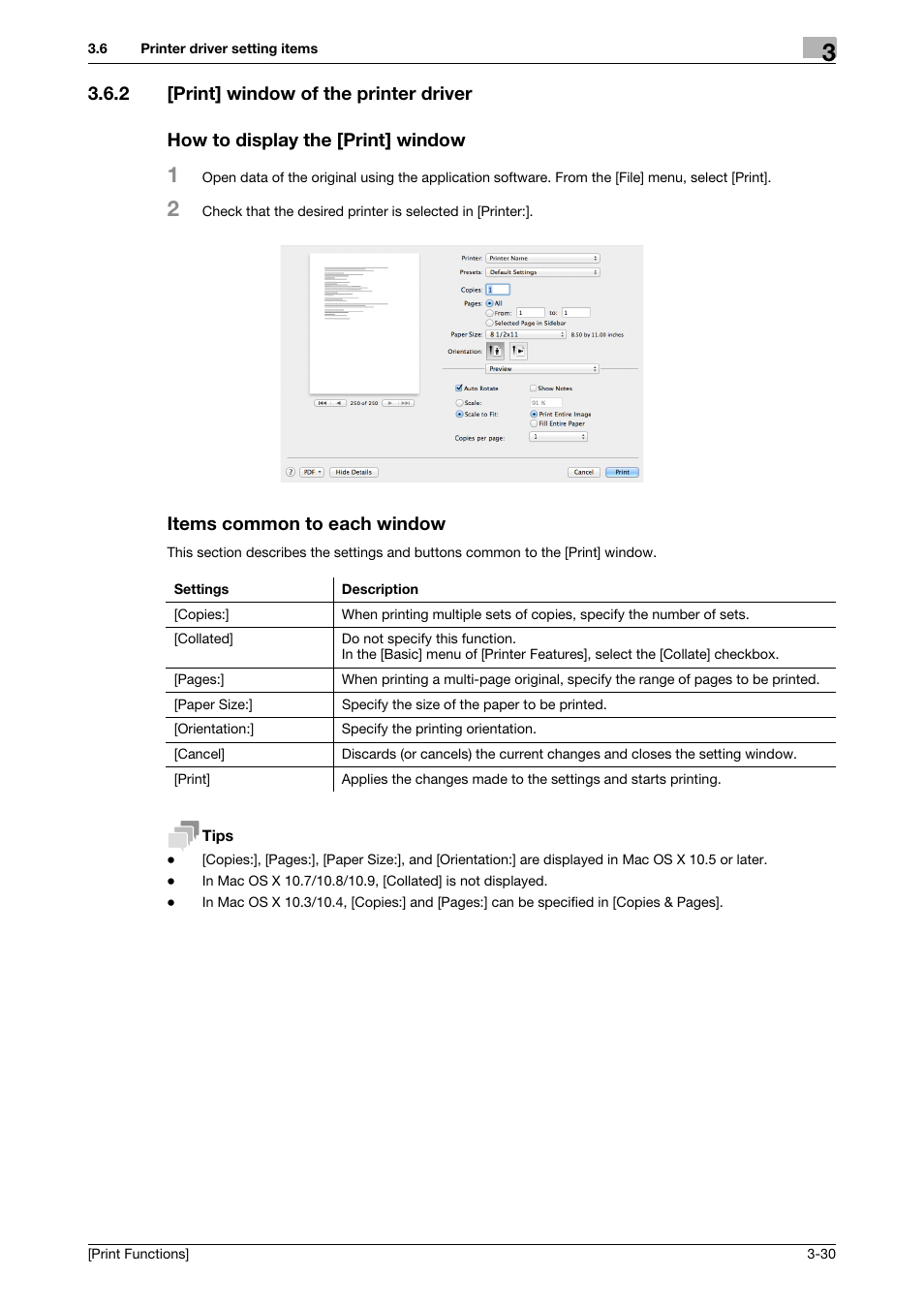 2 [print] window of the printer driver, How to display the [print] window, Items common to each window | Konica Minolta bizhub 4050 User Manual | Page 102 / 115