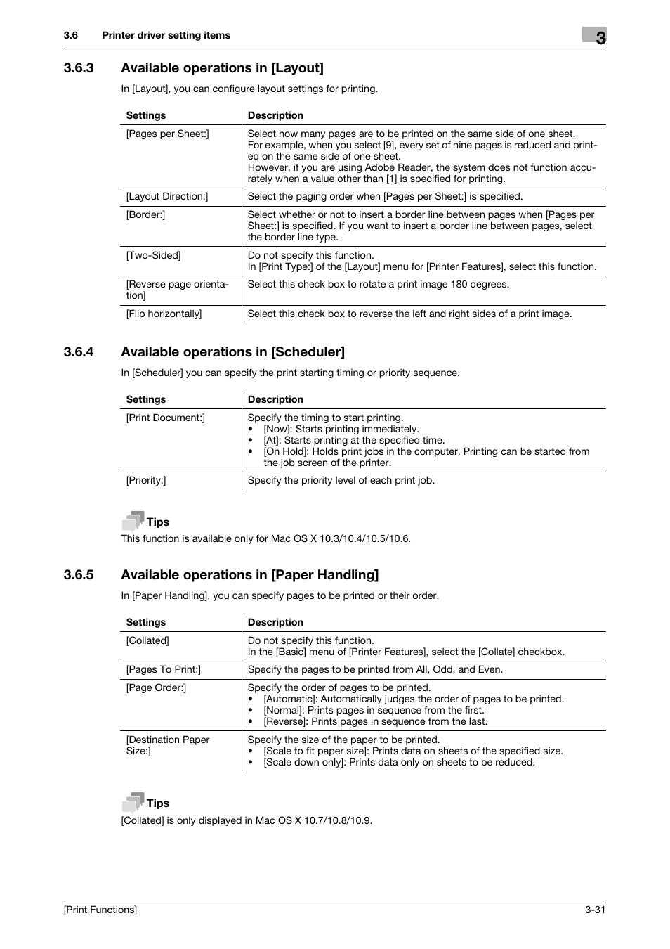 3 available operations in [layout, 4 available operations in [scheduler, 5 available operations in [paper handling | Available operations in [layout] -31, Available operations in [scheduler] -31, Available operations in [paper handling] -31 | Konica Minolta bizhub 4050 User Manual | Page 103 / 115