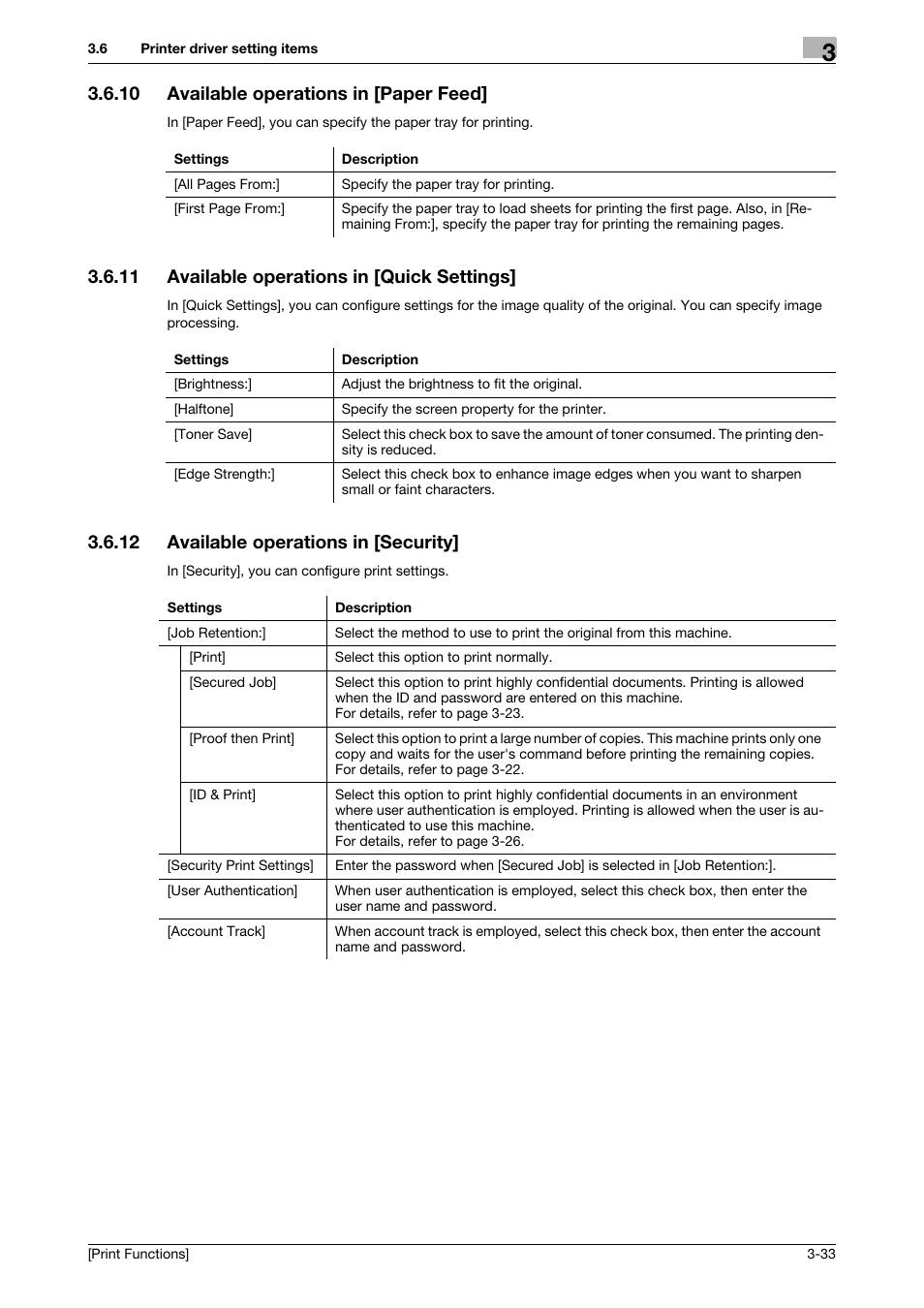 10 available operations in [paper feed, 11 available operations in [quick settings, 12 available operations in [security | Available operations in [paper feed] -33, Available operations in [quick settings] -33, Available operations in [security] -33 | Konica Minolta bizhub 4050 User Manual | Page 105 / 115
