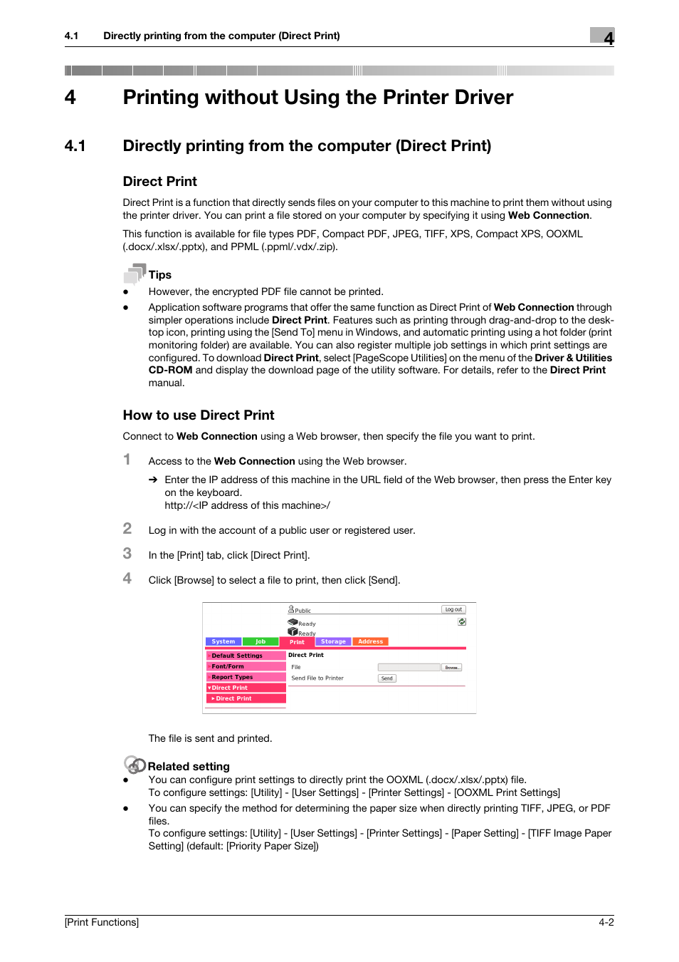 4 printing without using the printer driver, Direct print, How to use direct print | Printing without using the printer driver, How to use direct print -2, 4printing without using the printer driver | Konica Minolta bizhub 4050 User Manual | Page 109 / 115