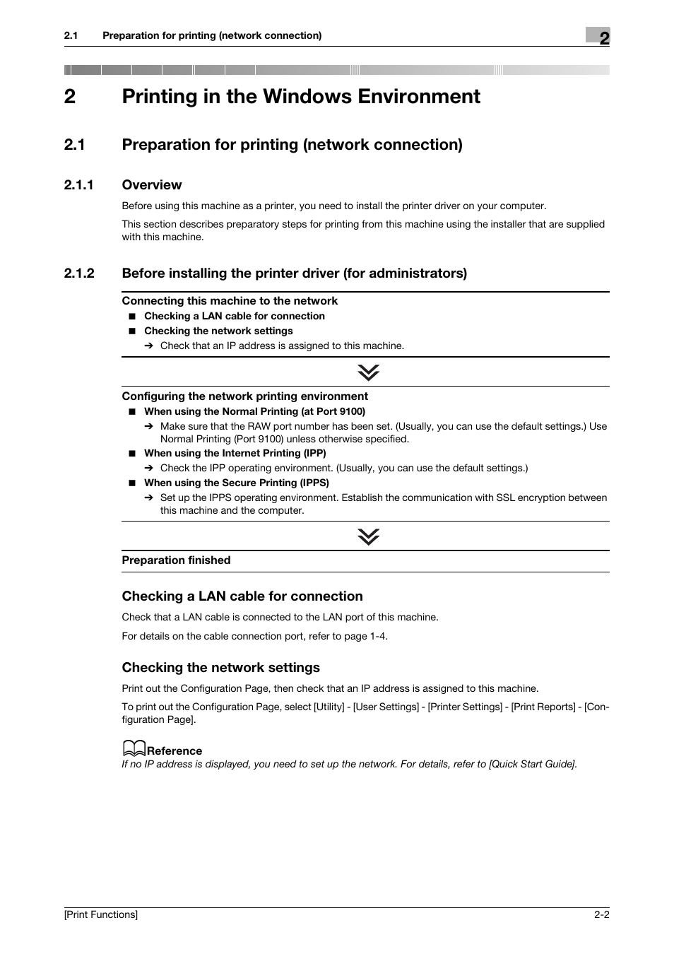 2 printing in the windows environment, 1 preparation for printing (network connection), 1 overview | Checking a lan cable for connection, Checking the network settings, Printing in the windows environment, Preparation for printing (network connection) -2, Overview -2, 2printing in the windows environment | Konica Minolta bizhub 4050 User Manual | Page 12 / 115