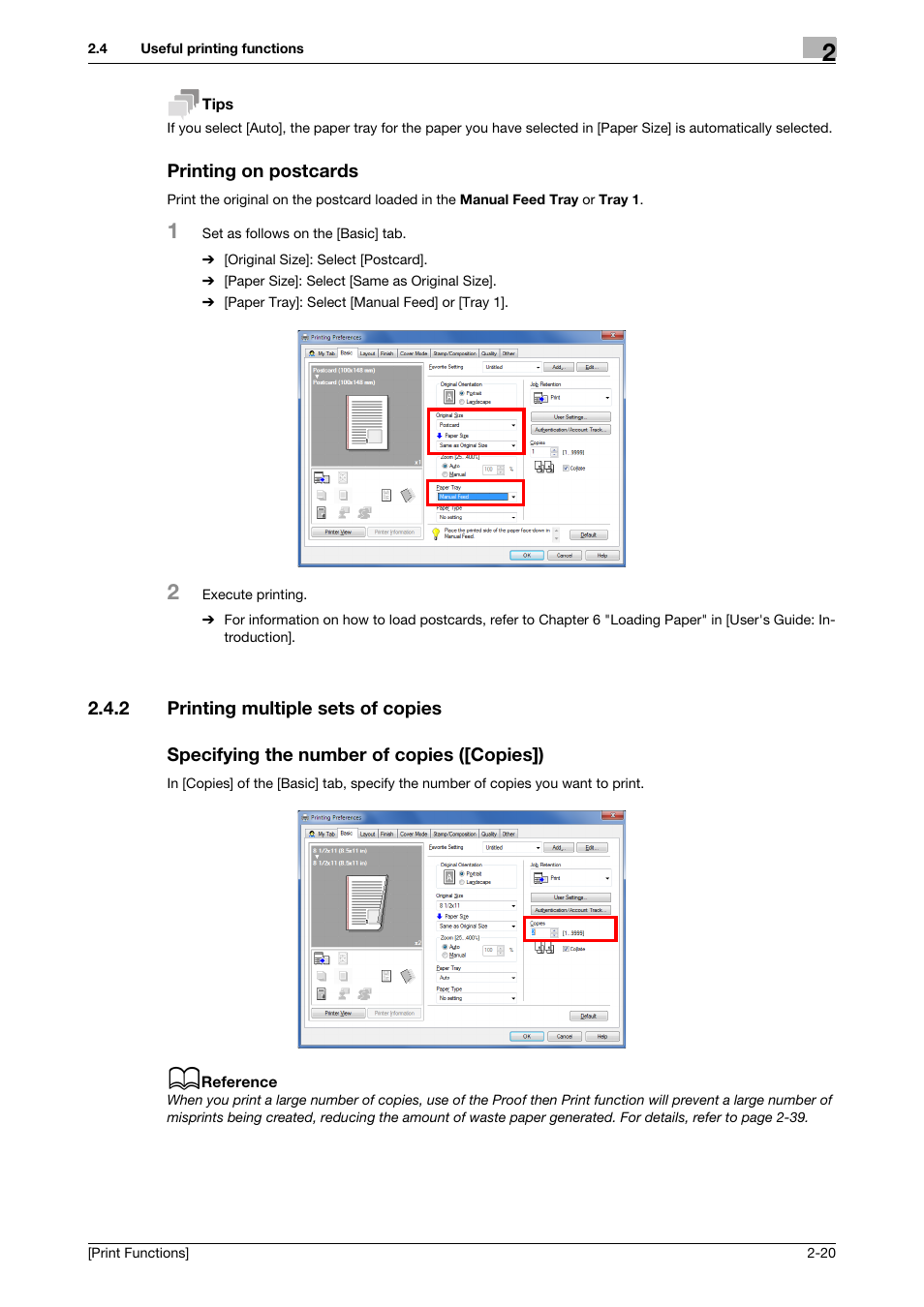 Printing on postcards, 2 printing multiple sets of copies, Specifying the number of copies ([copies]) | Printing on postcards -20 | Konica Minolta bizhub 4050 User Manual | Page 30 / 115